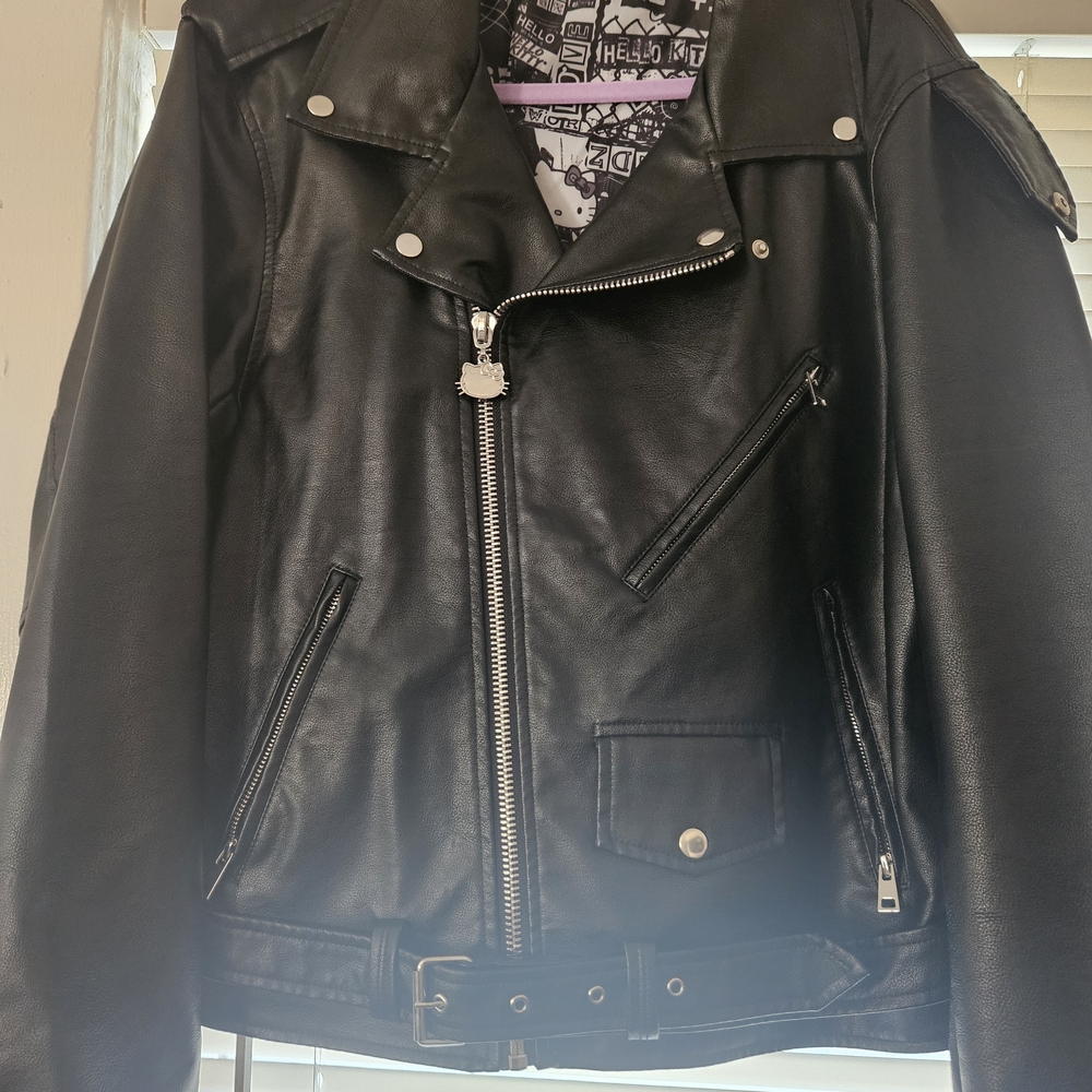 Hello Kitty Black Leather Moto Jacket Asymmetrical Zipper